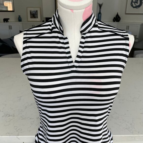 Fairways Slvless Mandarin Collar V Neck Striped DeLux Dri Golf Top Blk+Wht Sz S - Picture 2 of 10